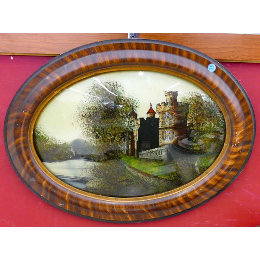 Old Oval Reverse Painting Framed 19'' x 25''