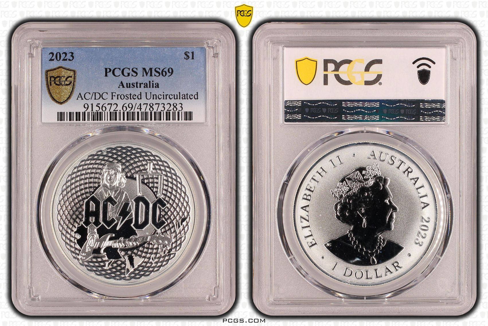 AC/DC Frosted Uncirculated, One Dollar, 2023, PCGS MS 69