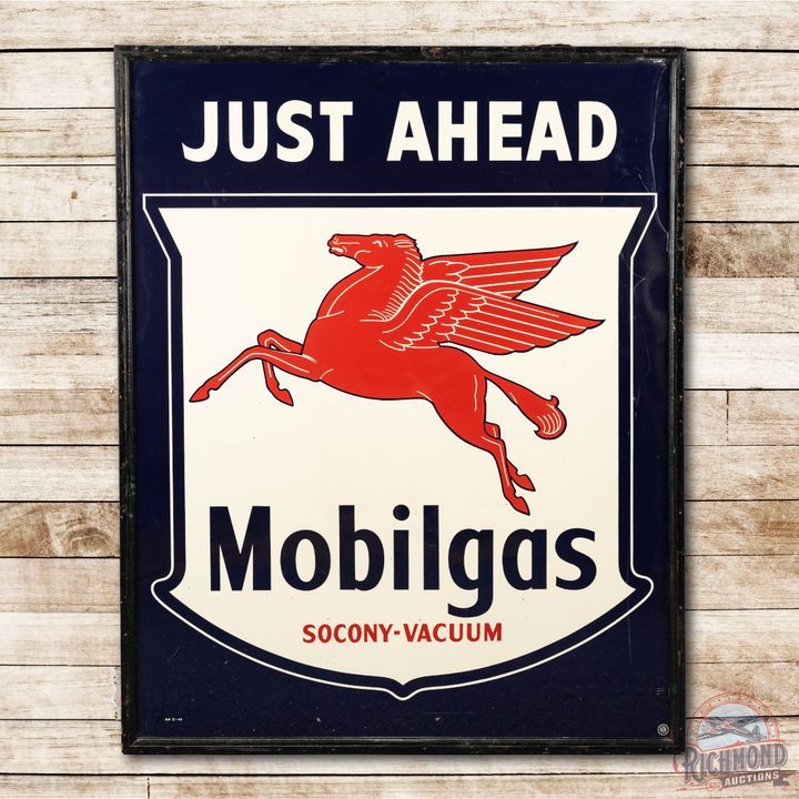 1949 Mobilgas "Just Ahead" & Pegasus Tin Sign TAC 8.5