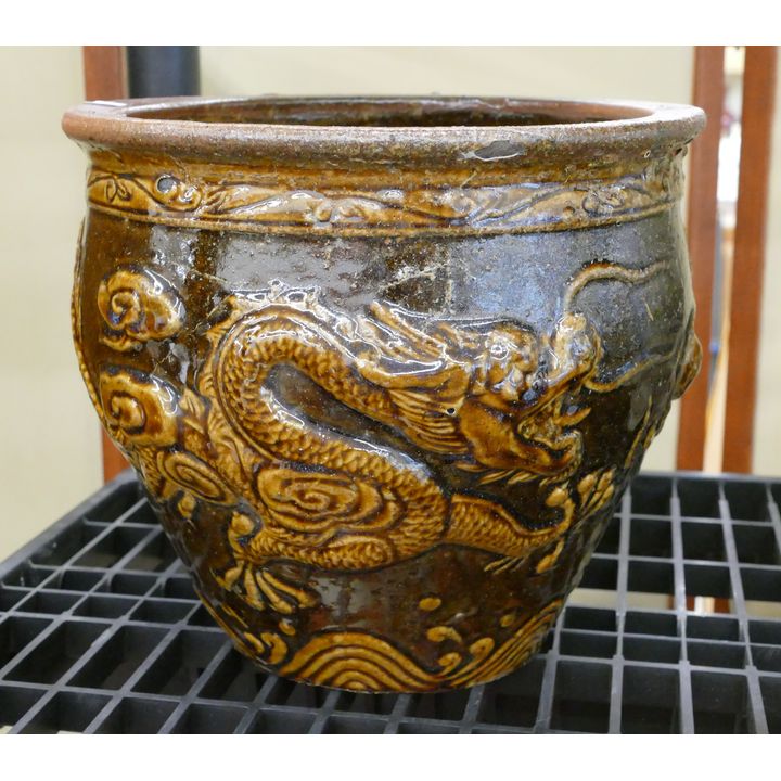 Old Chinese Dragon Pottery Jar- some flaking- 8x9''