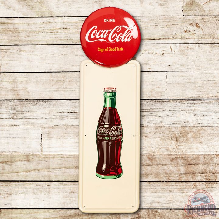 Coca Cola 2 Piece Pilaster w/ Bottle & 16" Button Tin Sign