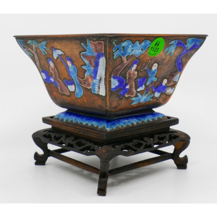 Old Chinese Enameled Copper Bowl on Stand 5.5''