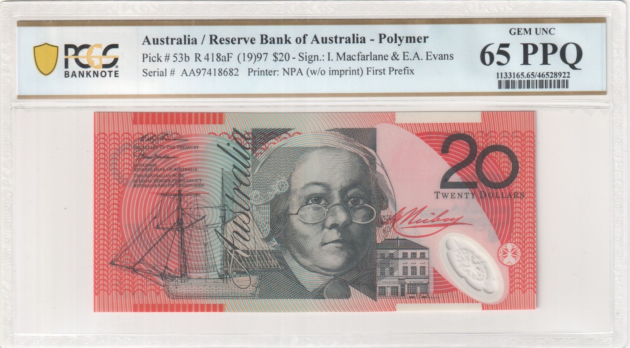 Macfarlane/ Evans, First Prefix, Twenty Dollar, 1997, PCGS Gem UNC 65 PPQ