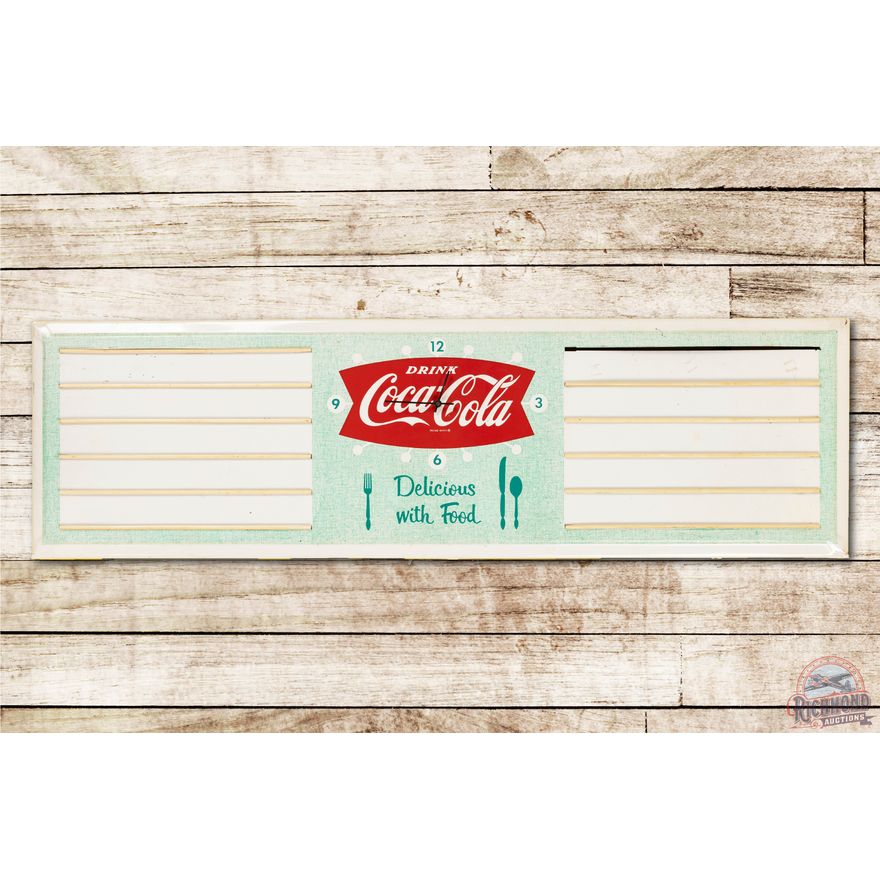 Drink Coca-Cola "Delicious with Food" Metal Clock-Menu Board Sign TAC 8.5