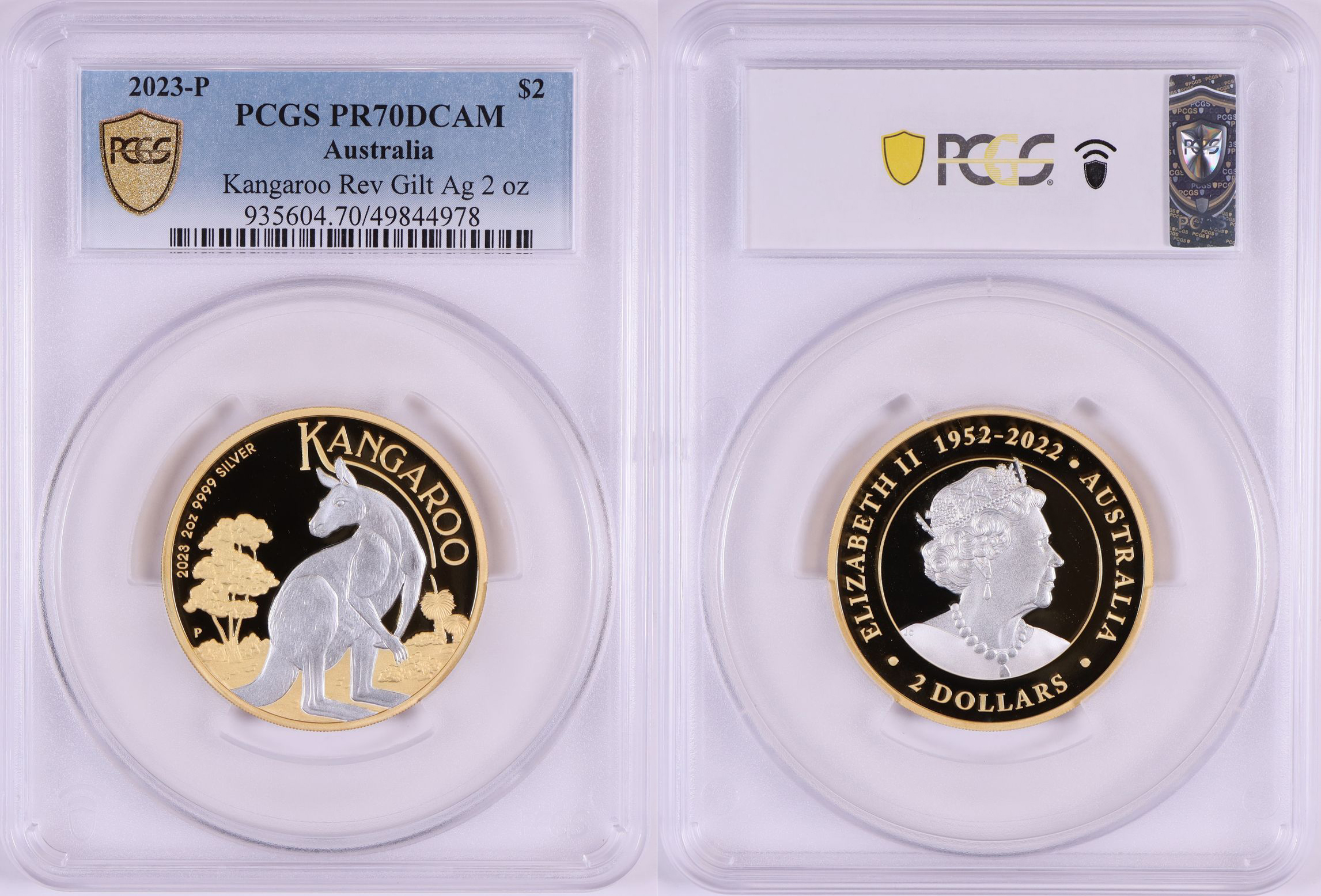 Elizabeth II, Kangaroo Rev Gilt Ag 2 oz POP 4/0, Two Dollar, 2023-P, PCGS PR70DCAM