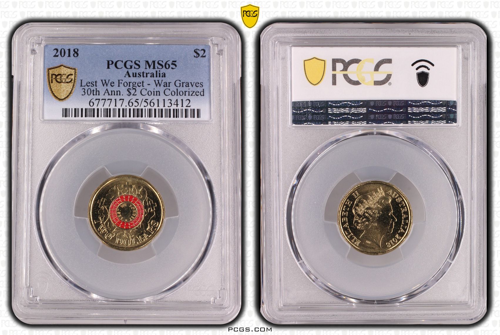 Lest We Forget - War Graves 30th Ann. $2 Coin Colourised, Two Dollar, 2018, MS65