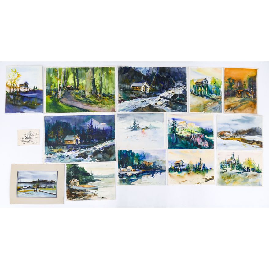 15pc Gene Amondson Cabin Watercolors etc.