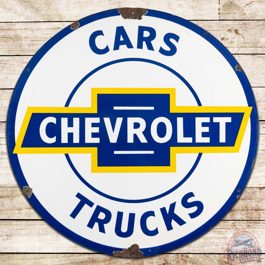 Scarce Chevrolet Cars Trucks 36" SS Porcelain Sign w/ Logo