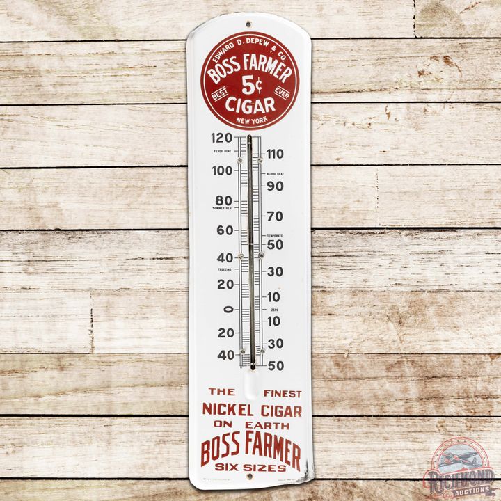 Boss Farmer "The Finest Nickel Cigar on Earth" SS Porcelain Thermometer Sign w/ Logo