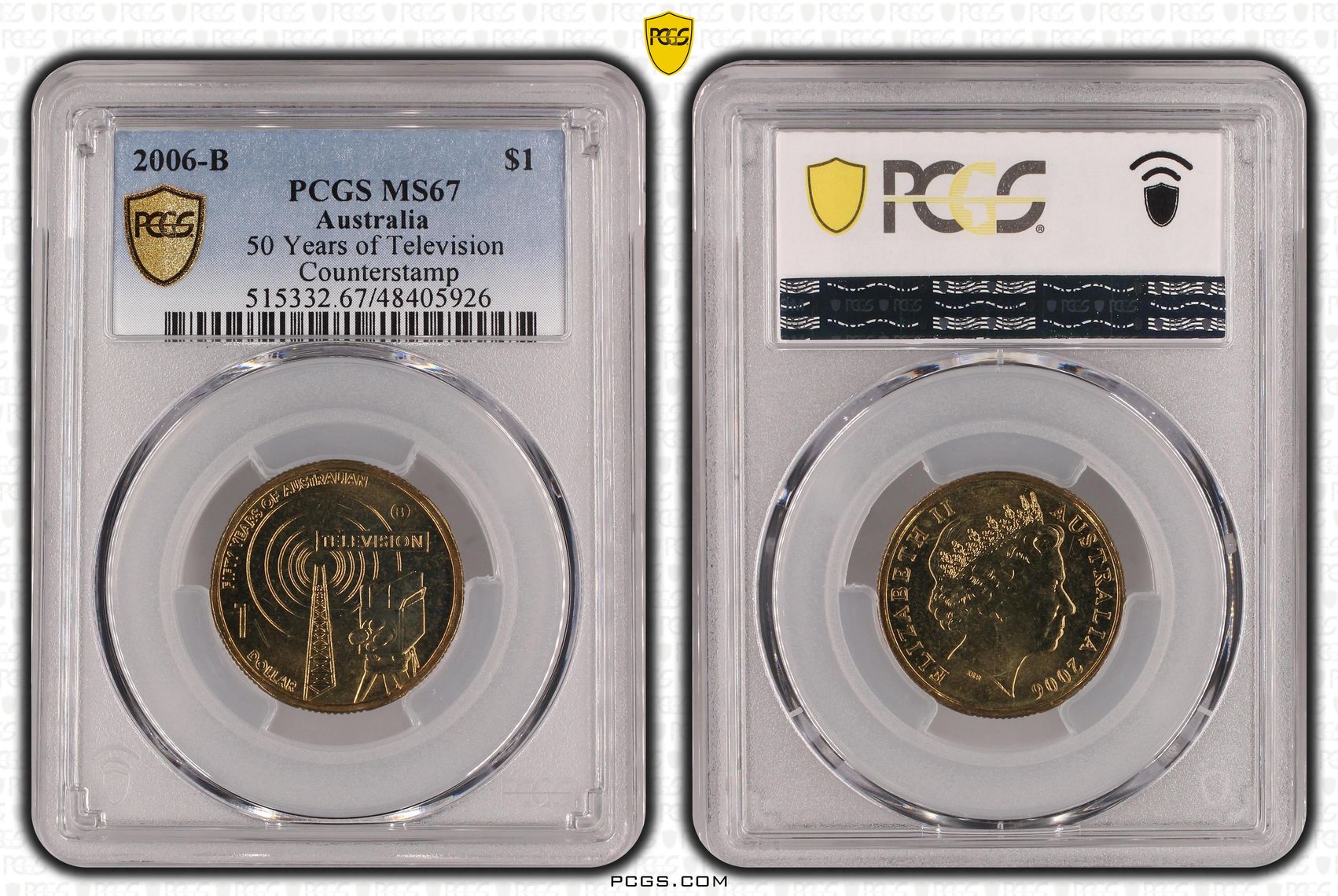 236 · Elizabeth II, 50 Years of Television Counterstamp , One Dollar, 2006-B, PCGS MS67