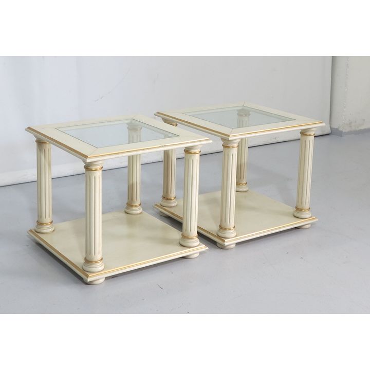 PAIR OF DUCOED AND GILDED GLASS TOP SIDE TABLES
