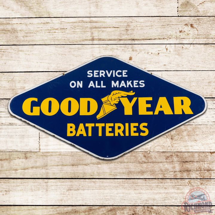Goodyear Batteries "Service on All Makes" Double Sided Porcelain Sign w/ Wingfoot