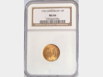 1922 SWIZERLAND GOLD 10 FRANC COIN MS66