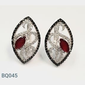 Sterling Silver Red.Black And White Heart Drop Earrings With Czs - 51533/316