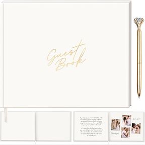MGM COMMERCE WEDDING GUEST BOOK 9X7, GOLD DIAMOND PEN MULTI USE DESIGN, 100 BLANK PAGES WEDDING RECEPTION GUEST BOOK, BRIDAL SHOWE