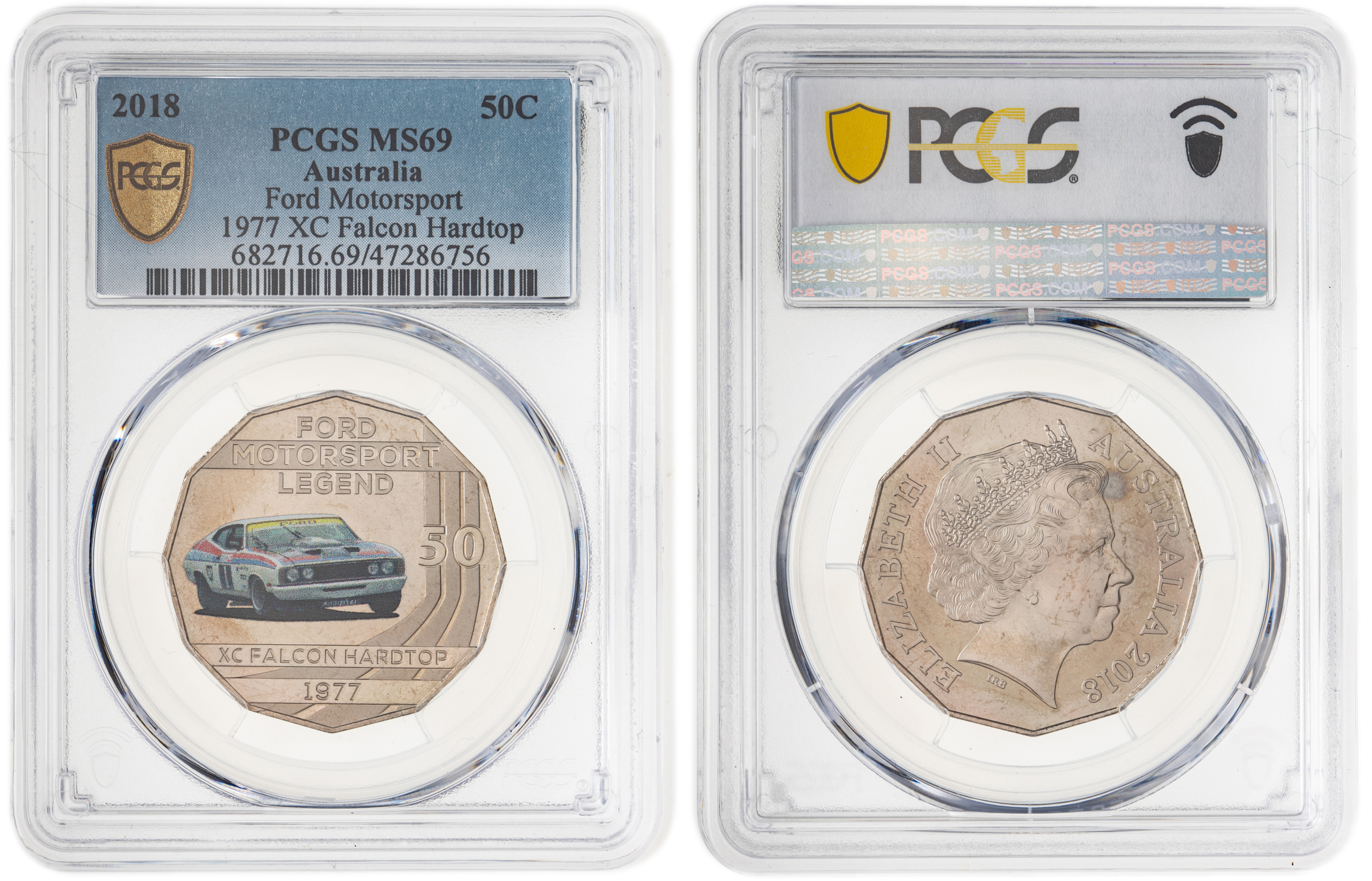 Elizabeth II, Ford Motorsport - 1977 XC Falcon Hardtop, Fifty Cent, 2018, PCGS MS69