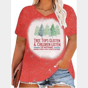 PLUS SIZE CHRISTMAS SHIRT TEACHER CHRISTMAS SHIRT WOMEN TREE TOPS GLISTEN CHILDREN LISTEN BLEACHED TEE - RED