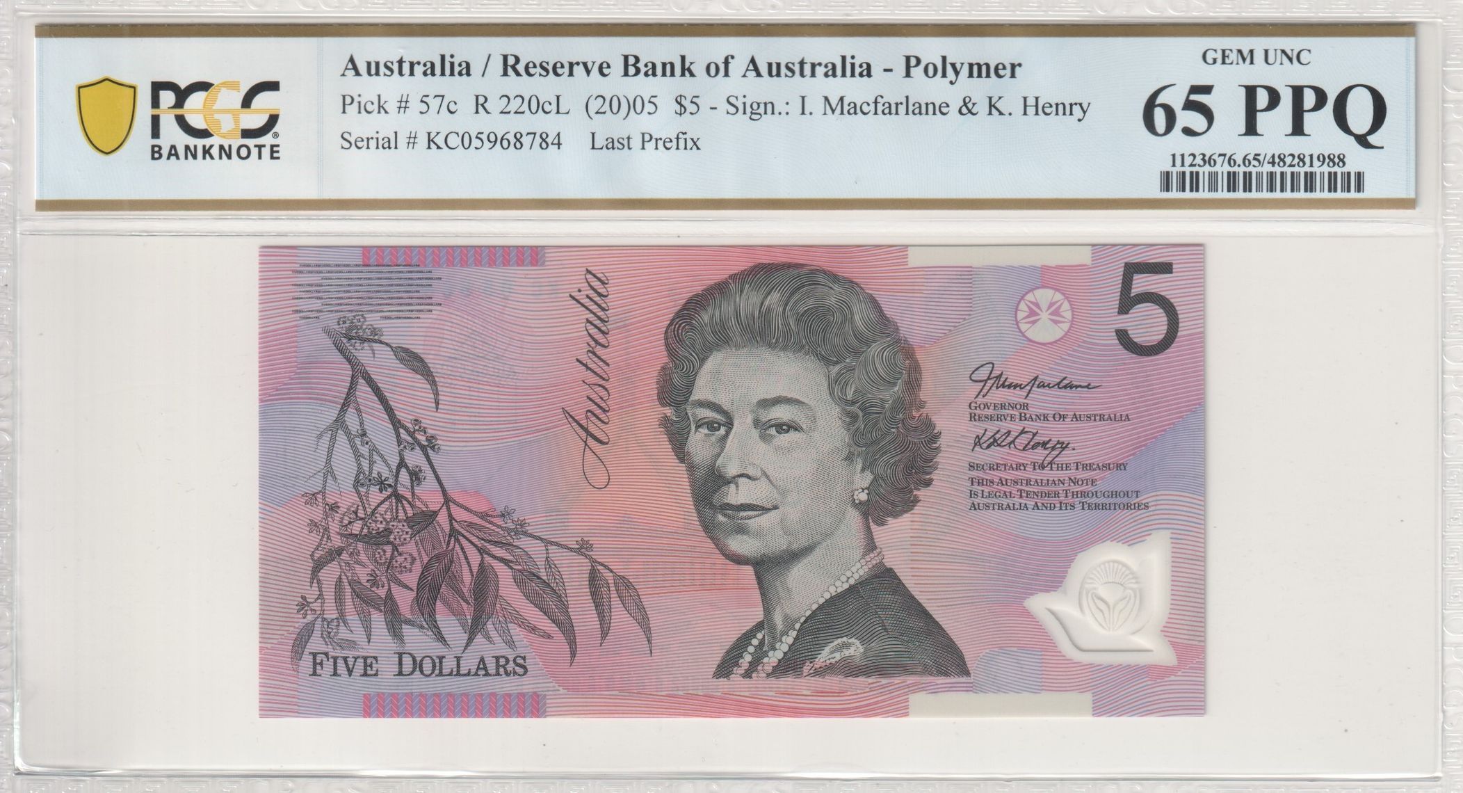432 · Macfarlane/Henry, Last Prefix, Five Dollar, 2005, PCGS Gem UNC 65 PPQ