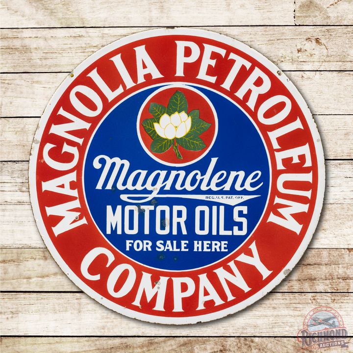 30" Magnolia Petroleum Company Magnolene Motor Oils Porcelain Sign TAC 8.25 & 8.0