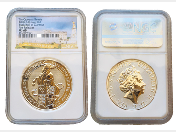 2018 Queen Elizabeth II 'Queens Beasts' Silver £5 Black Bull of Clarence Coin. First releases NGC MS69