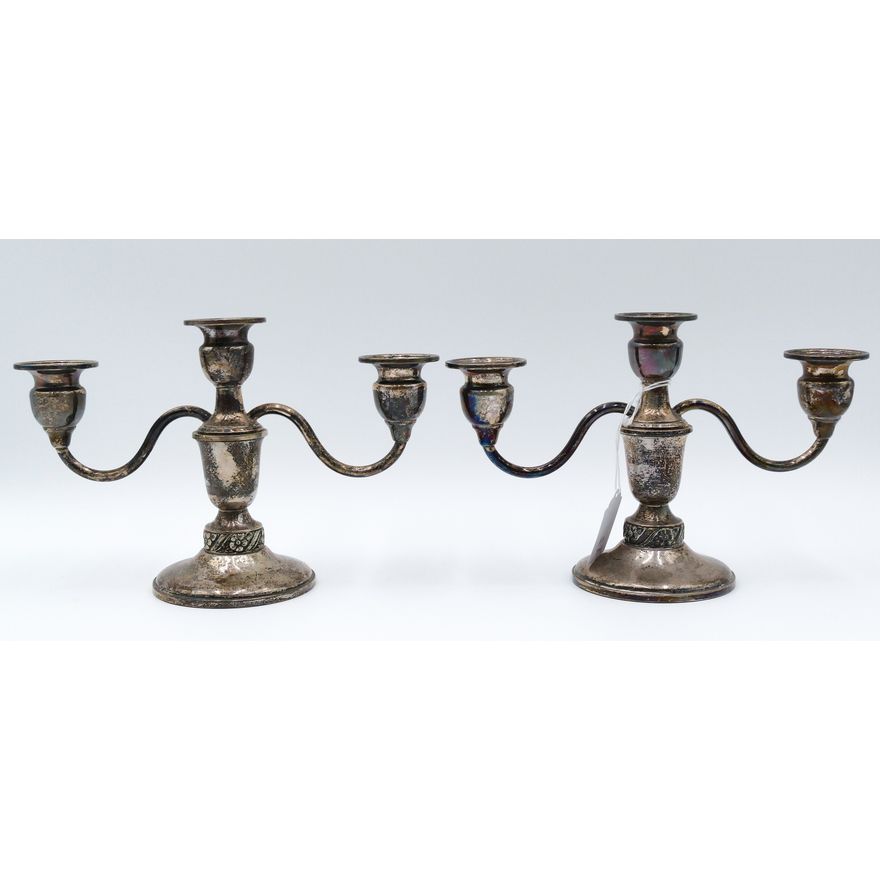 Pair Weighted Sterling Floret Triple Candelabras 9'' - 791 Grams TW