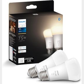 2 PACK PHILIPS HUE SMART 75W A19 LED BULB - SOFT WARM WHITE LIGHT - 2 PACK - 1100LM - E26 - INDOOR - CONTROL WITH HUE APP - WORKS