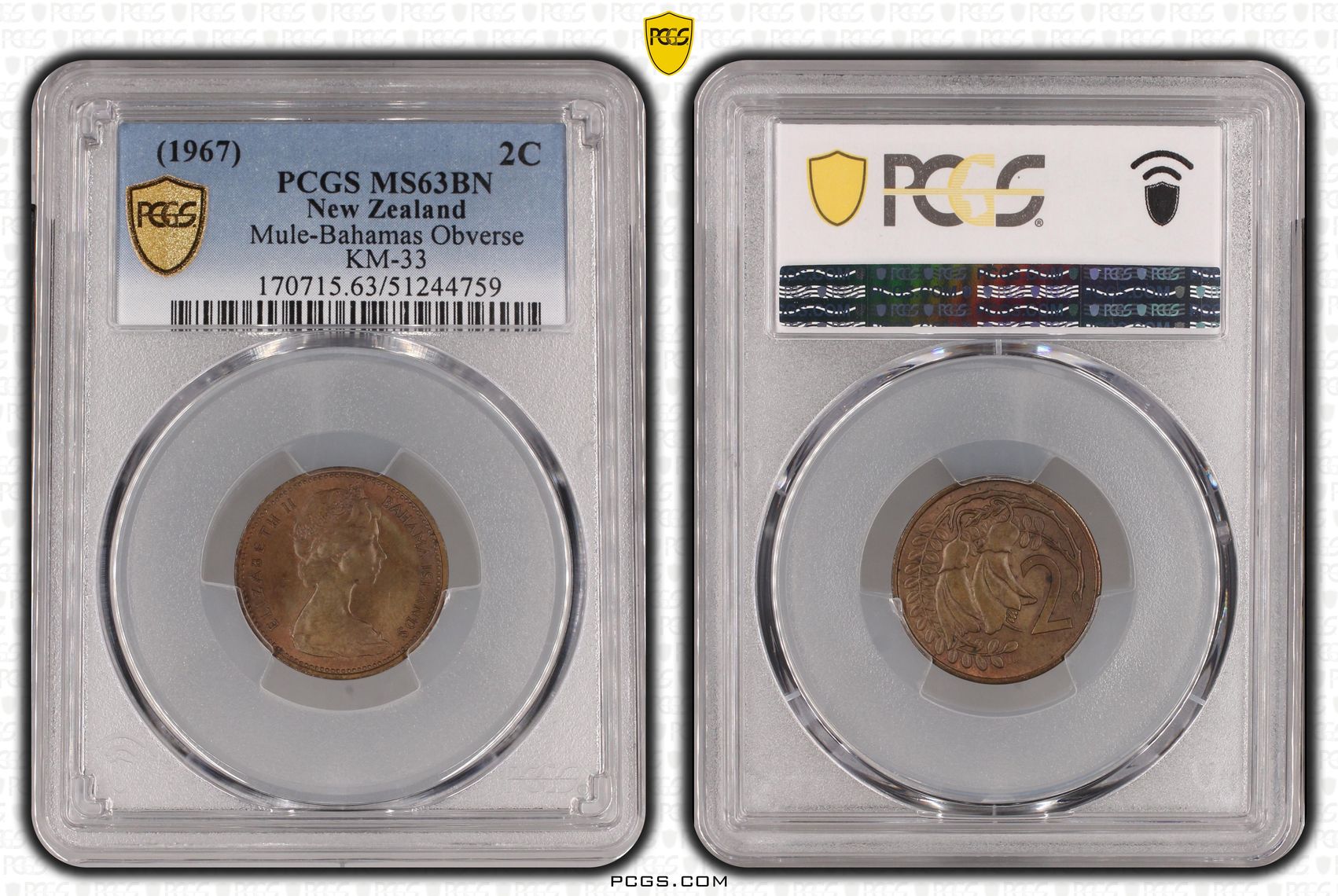 (1967) New Zealand 2C Mule-Bahamas Obverse KM-33 PCGS MS63BN
