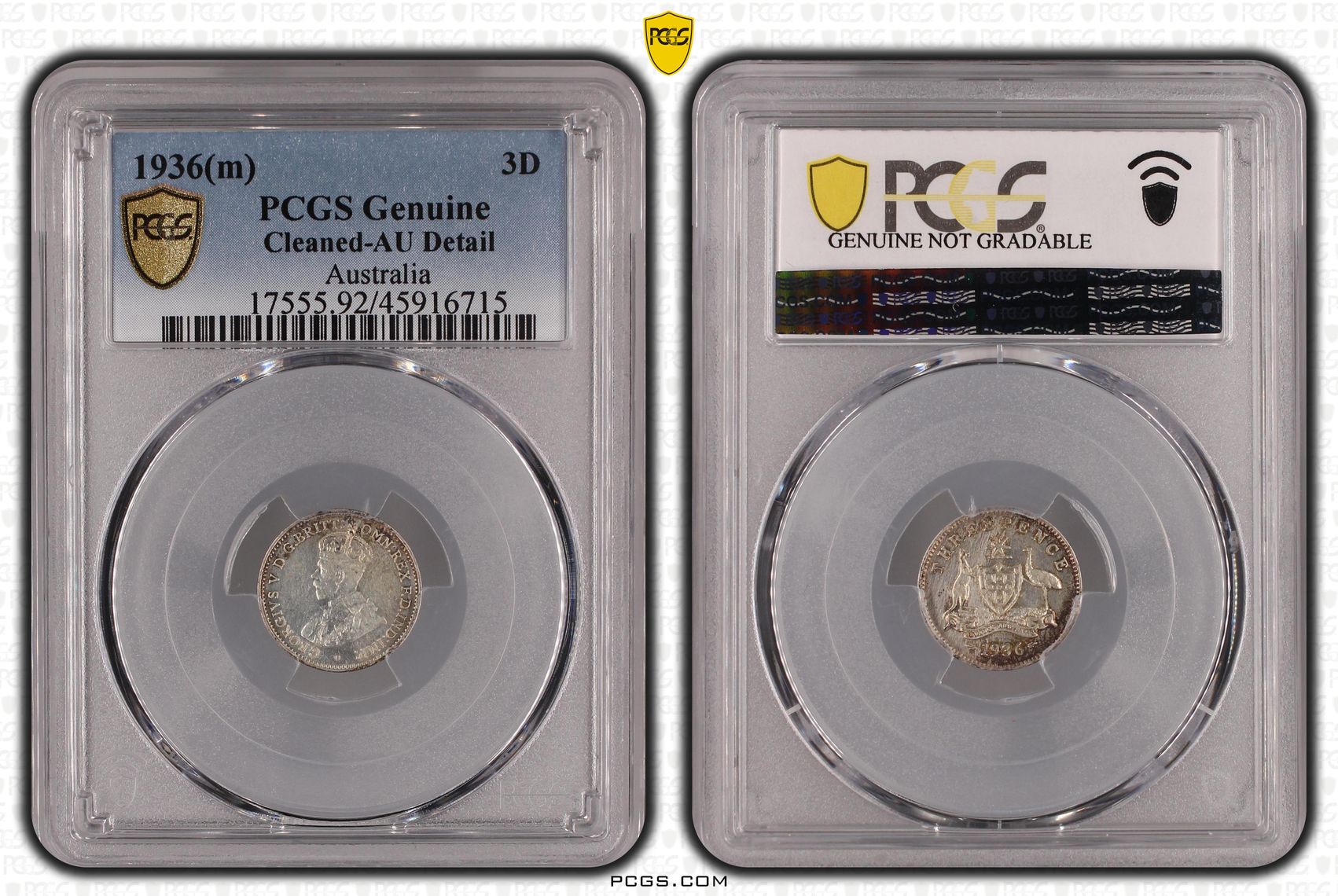 George V, Threepence, 1936(m), PCGS Genuine - AU Details (92 - Cleaned)