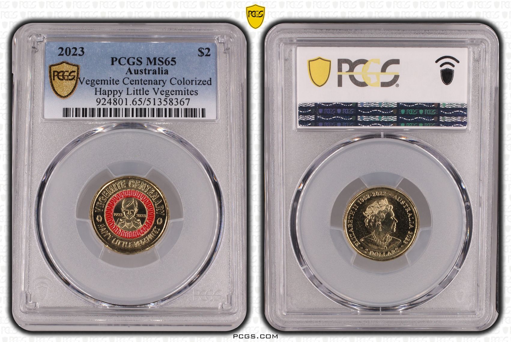 Vegemite Centenary Colorized Happy Little Vegemites, Two Dollar, 2023, PCGS MS65