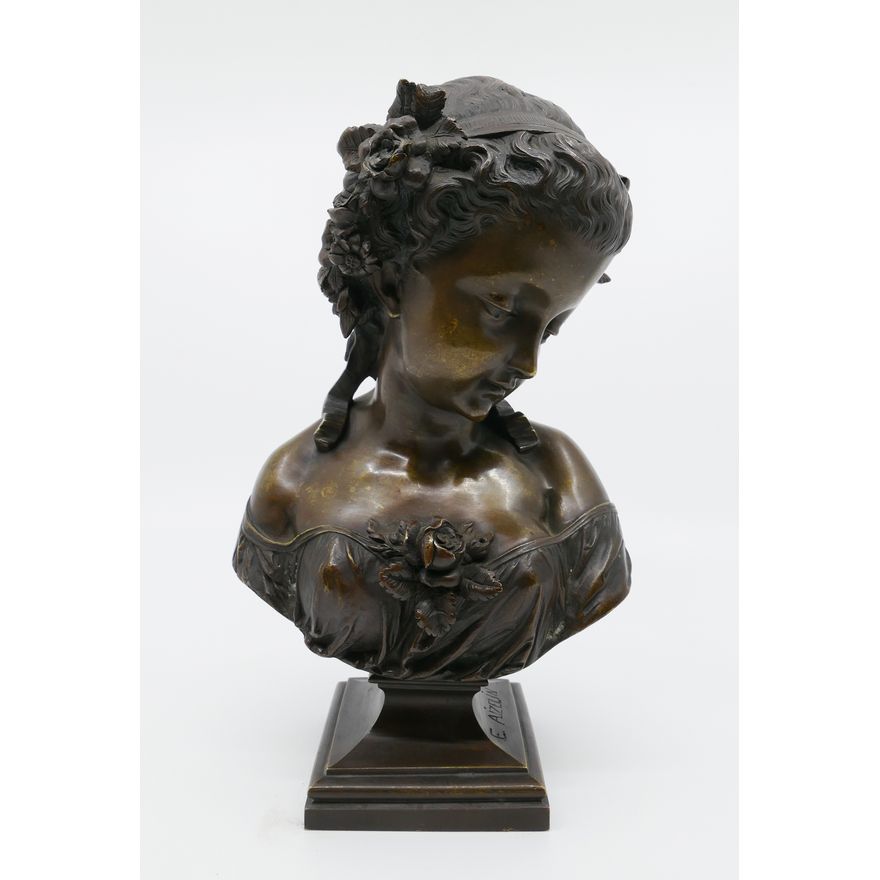 Eugene Antoine Aizelin (1821-1902 France) Bronze Bust of a Young Lady with Roses- 9.5"