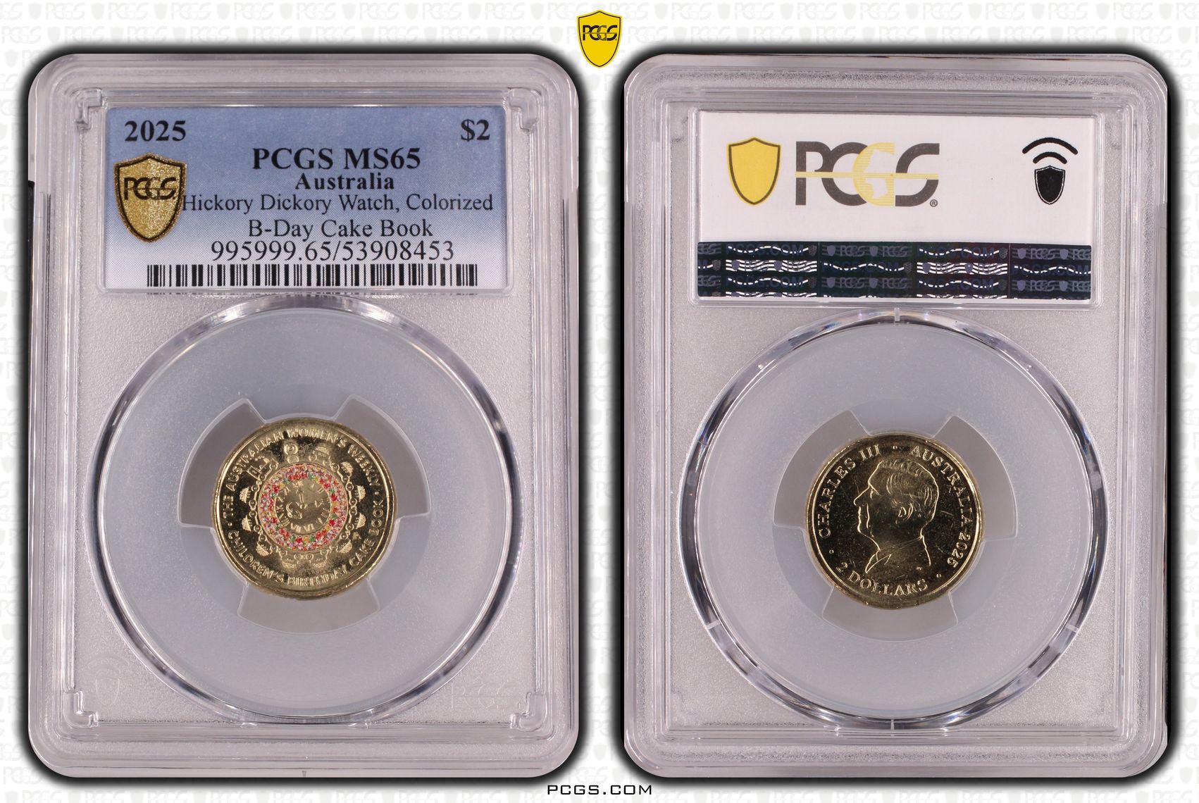 Hickory Dickory Watch, Colourised B-Day Cake Book, Two Dollar, 2025, PCGS MS65