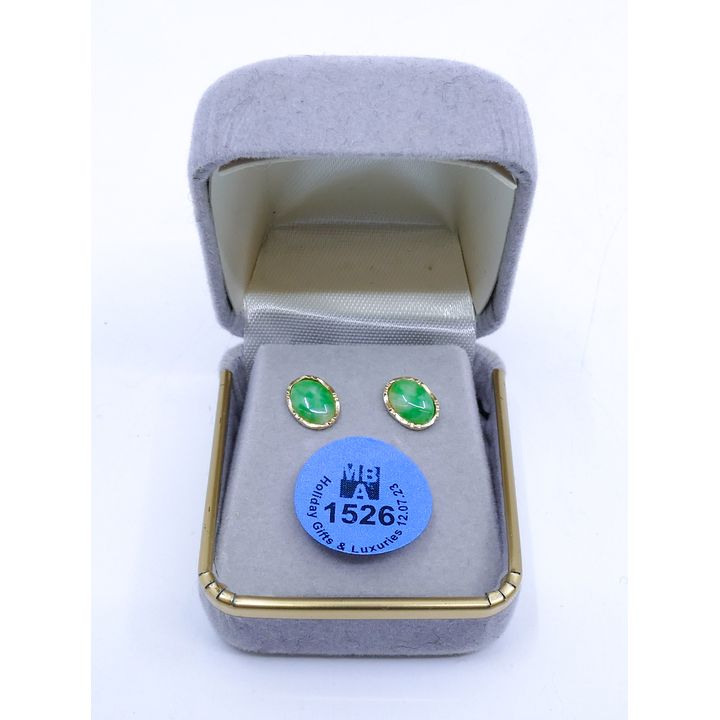Pair 14k Jadeite Cabochon Stud Earrings 9x7mm