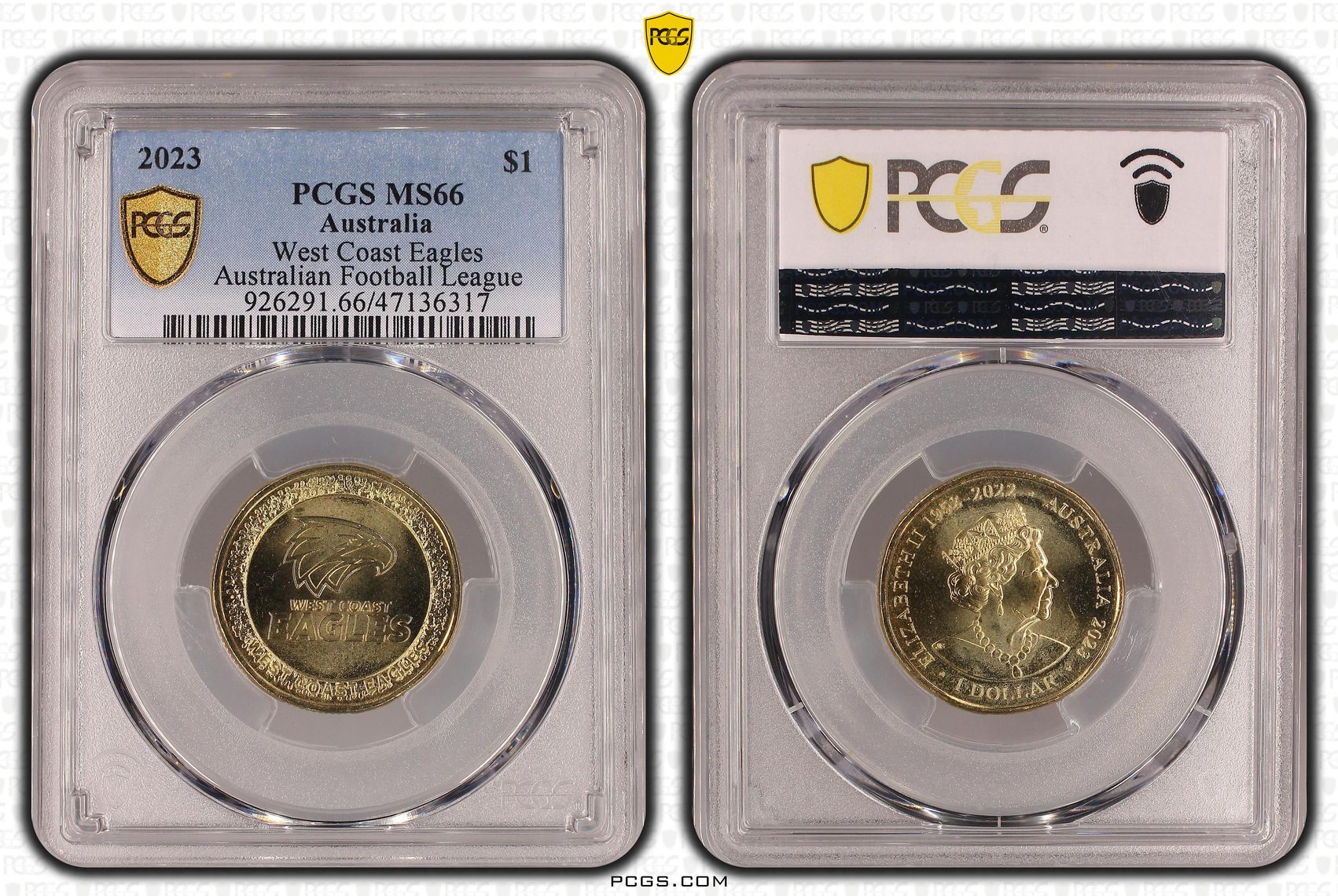 Elizabeth II, AFL - West Coast Eagles POP 11/0, One Dollar, 2023, PCGS MS66