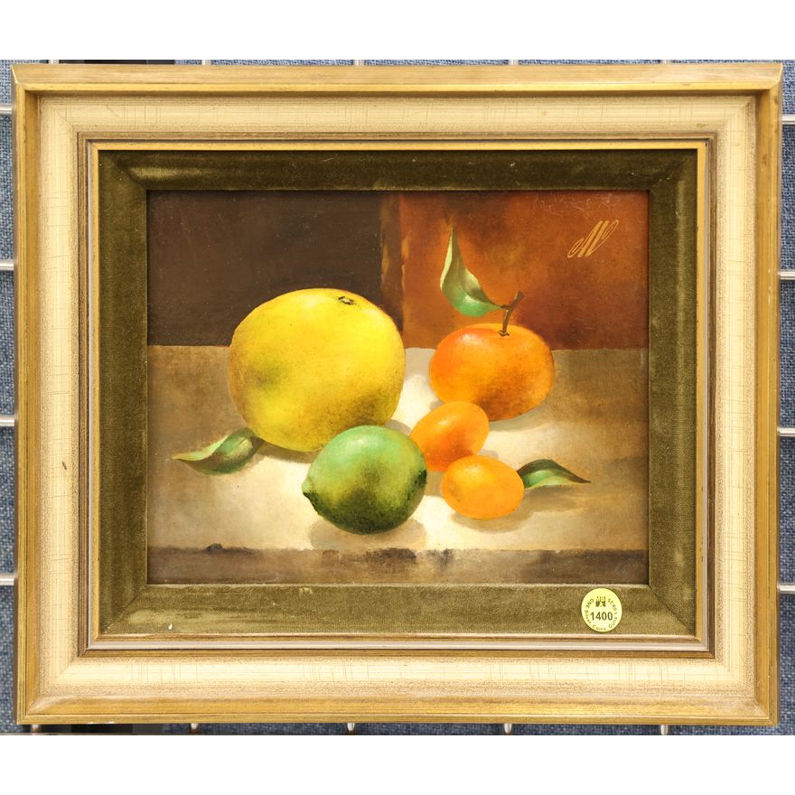 Anton Van Dalen ''Persimmon Still Life'' Small Oil Painting Framed 12.5''x14''