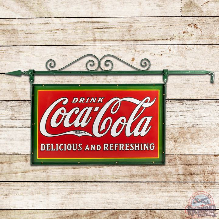 Iconic 1930s Drink Coca Cola Delicious and Refreshing 5' DS Porcelain Sign w/ Frame