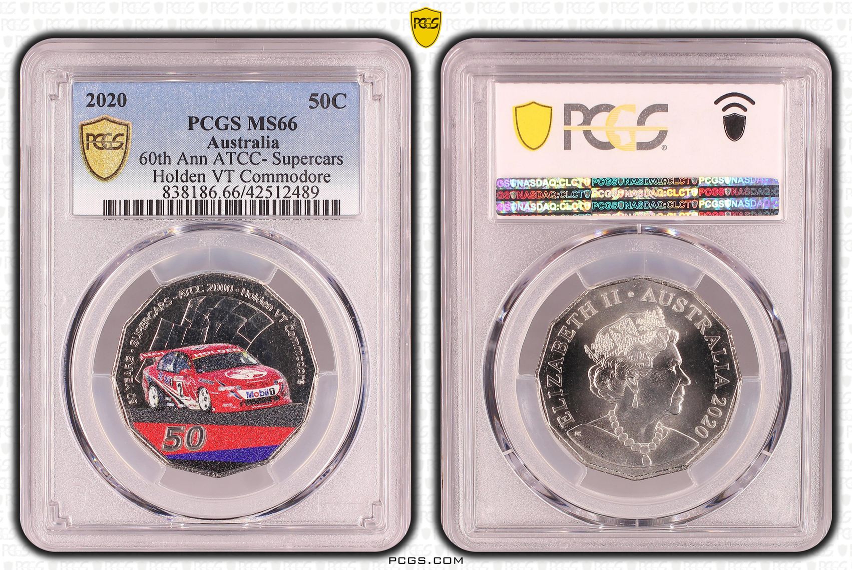 60th Ann ATCC- Supercars Holden VT Commodore Colorized, Fifty Cent, 2020, PCGS MS66