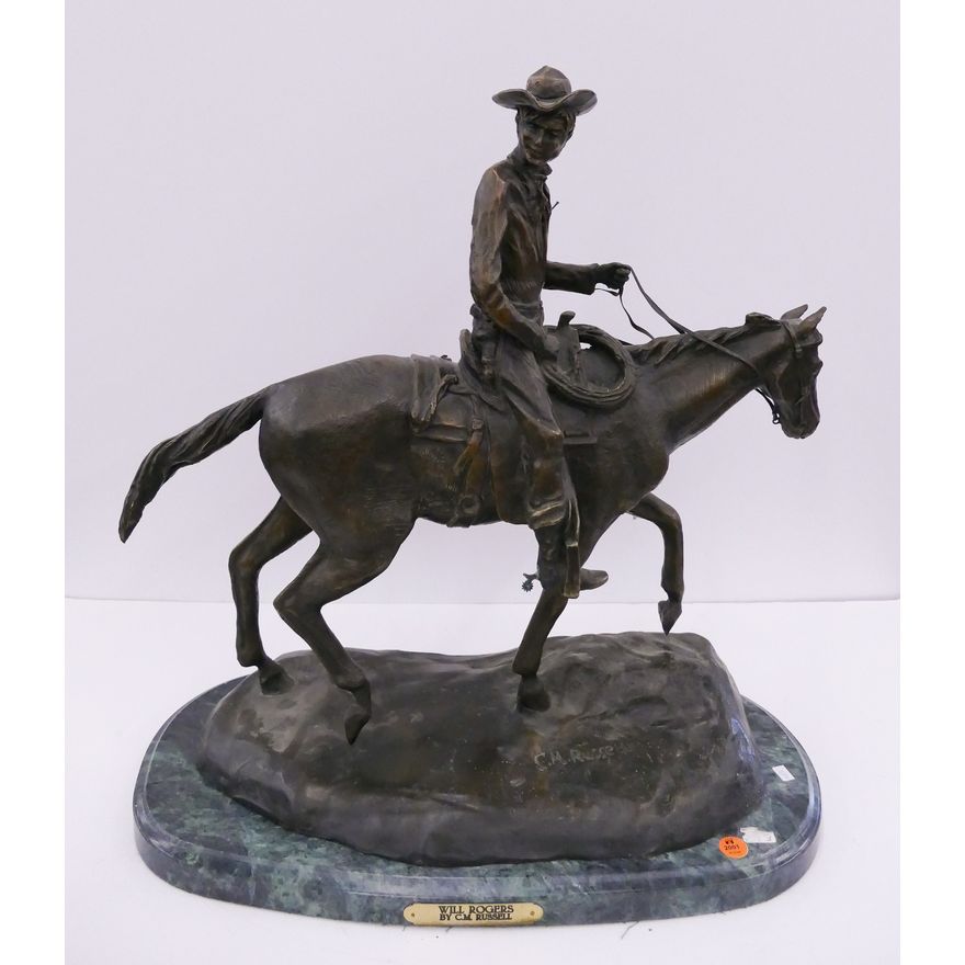 After CM Russell Will Rogers Bronze Sculpture- 22x20''- bronze detached from stone base