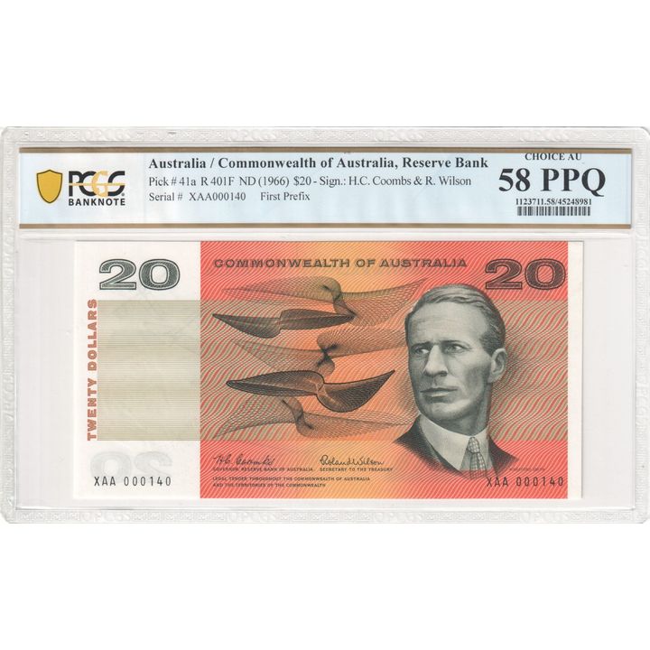 1966 Australia $20 Banknote Coombs/Wilson Choice AU 58 PPQ First Prefix - R.401F