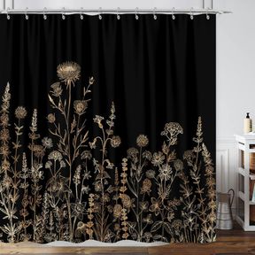 VINTAGE BLACK AND GOLD BOHO SHOWER CURTAIN, BLACK AND TAN CREAM FLORAL AESTHETIC DARK WILDFLOWER BOTANICAL FLOWERS SHOWER CURTAIN