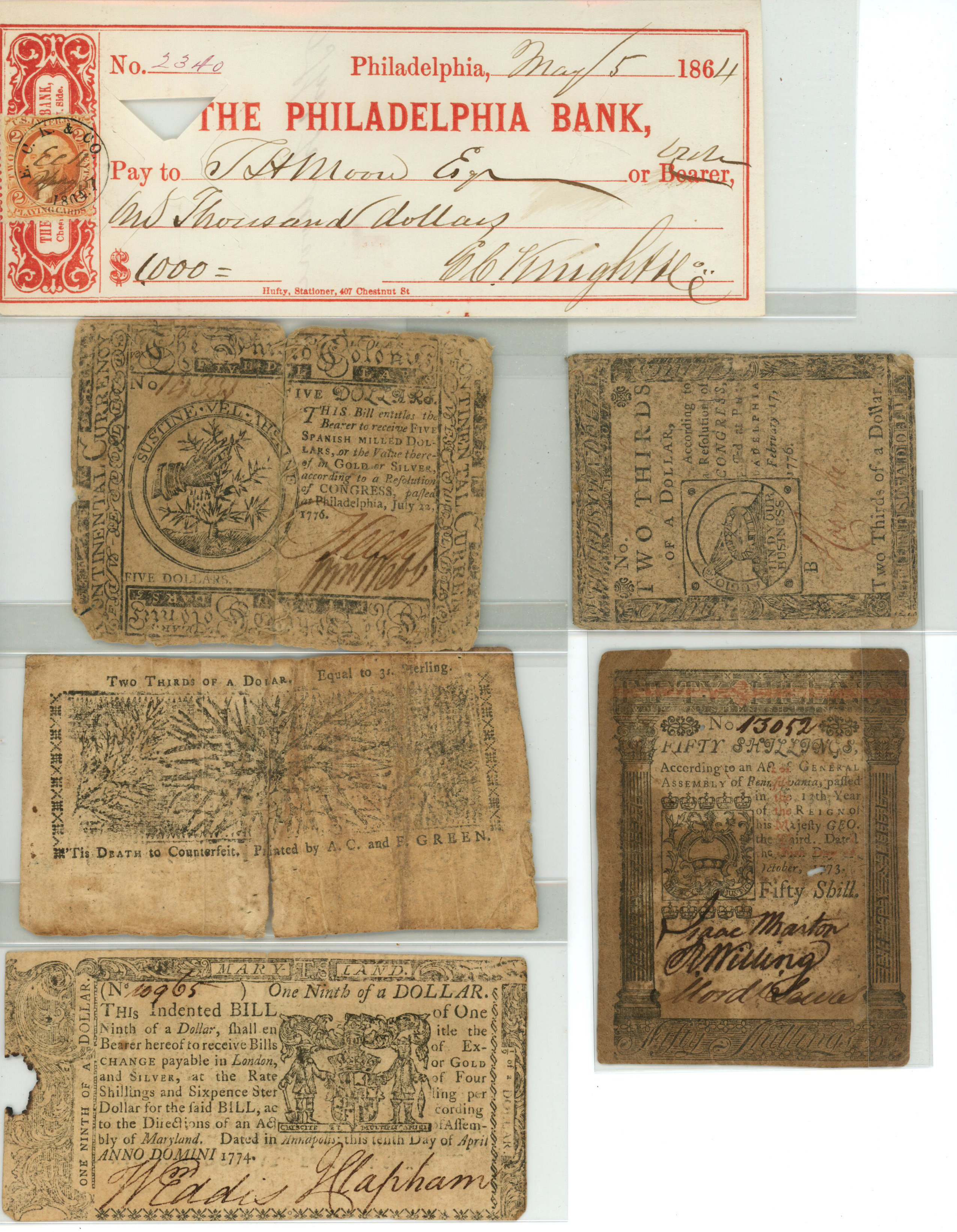 Seventeen (17) Colonial and Continental Notes, Scripophily, and ...