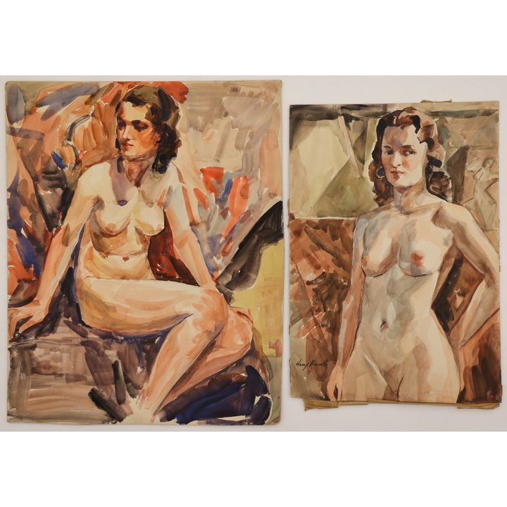 2pc Harry Bonath ''Female Nudes'' 1933 Watercolor on Board