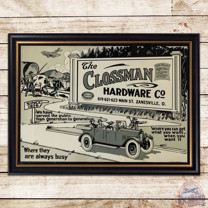 Impressive NOS Clossman Hardware Co. Single Sided Tin Sign w/ Early Touring Car & Plane Graphics