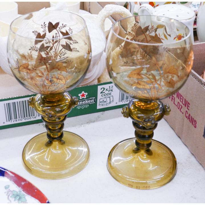 Pair Gilt Green Glass Roemers- 7''