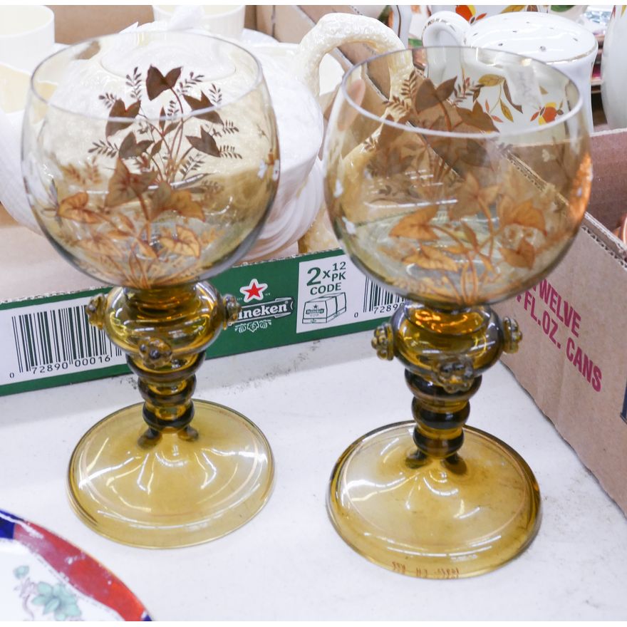 Pair Gilt Green Glass Roemers- 7''