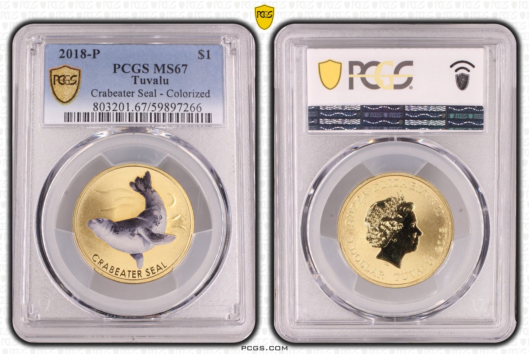 283 · Tuvalu, Crabeater Seal - Colorized, One Dollar, 2018-P, PCGS MS67