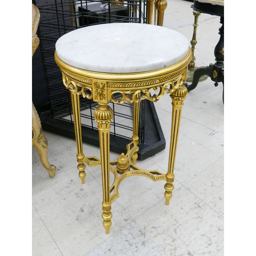 French Gilt Carved White Marble Top Round Stand- 29x18''