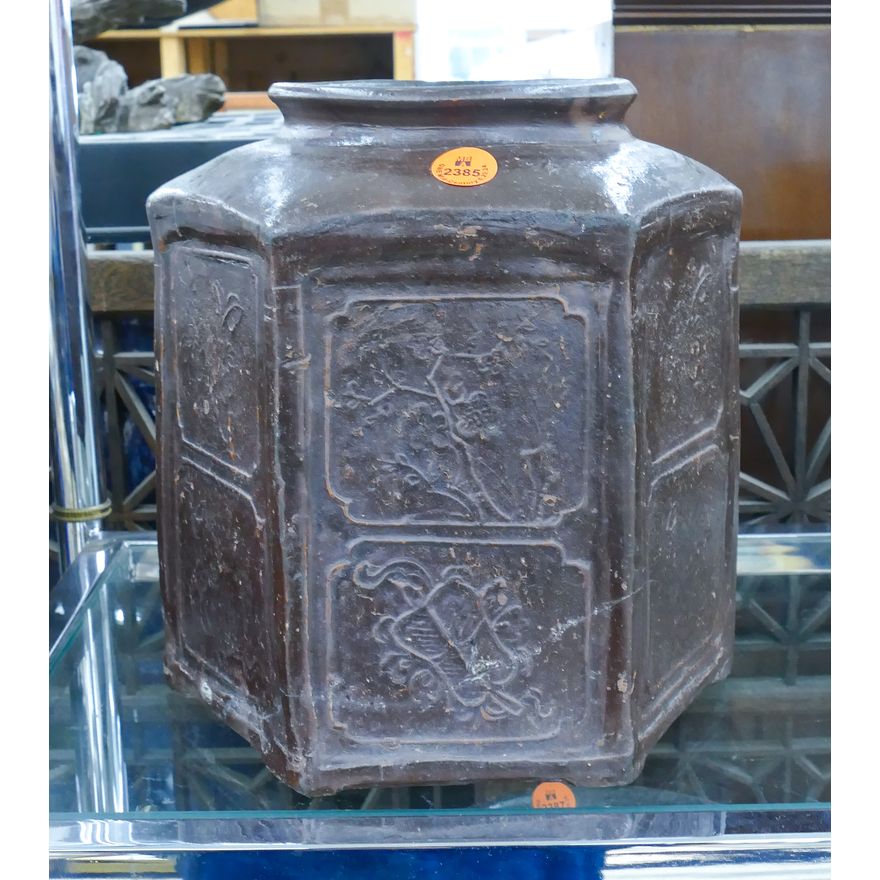 Antique Chinese Molded Pottery Tea Jar 8.5''