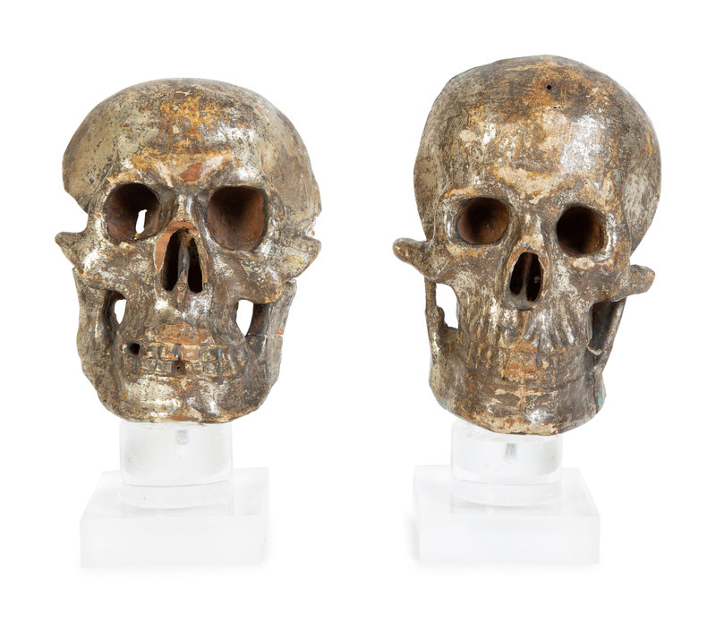Two Italian Silvered Wood Memento Mori Skulls
Height of tallest 7 1/2 inches.