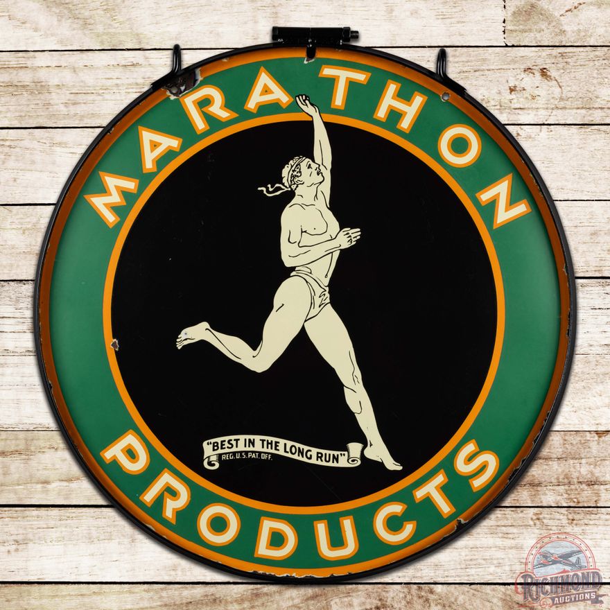 Marathon Products "Best in the Long Run" 30" Double Sided Porcelain Sign w/ Ring & Running Man