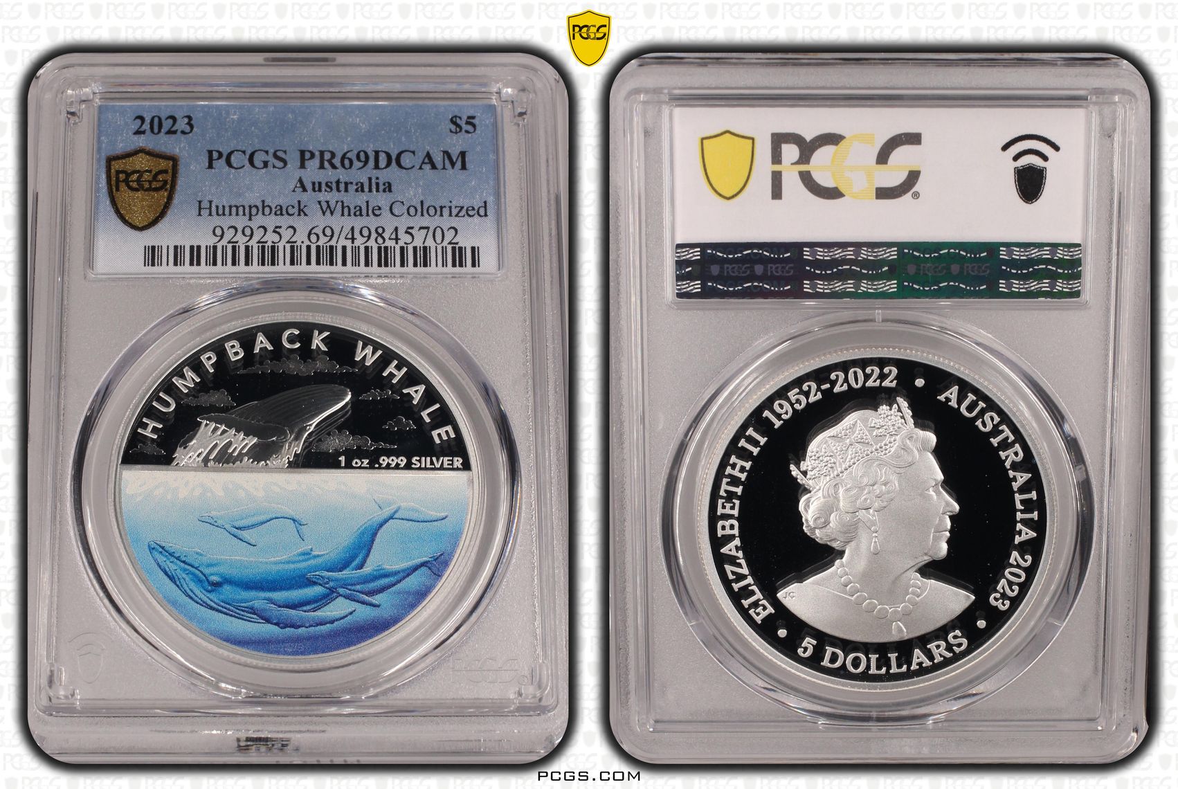 Humpback Whale Colourised, Five Dollars, 2023, PCGS PR69DCAM
